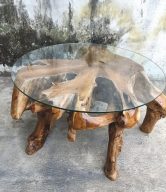 TEAK ROOT COFFEE TABLE WITH GLASS 90 CM | 11212